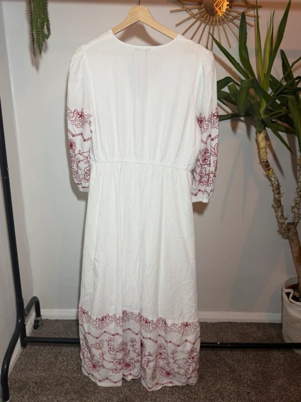 White Maxi Dress with Red Floral Embroidery Accents
